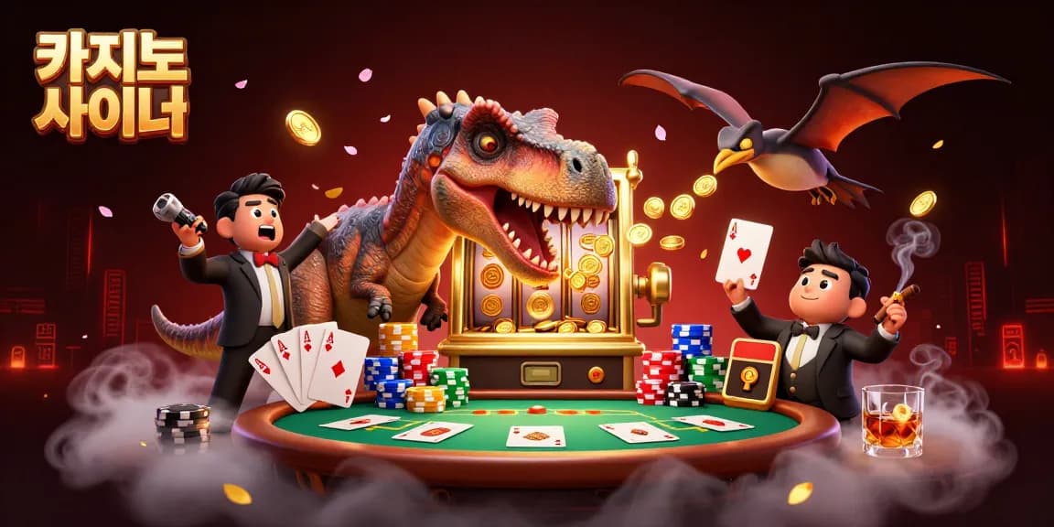 카지노 사이트에서 큰 잭팟을 위해 슬롯머신을 두드리는 공룡의 유쾌한 장면