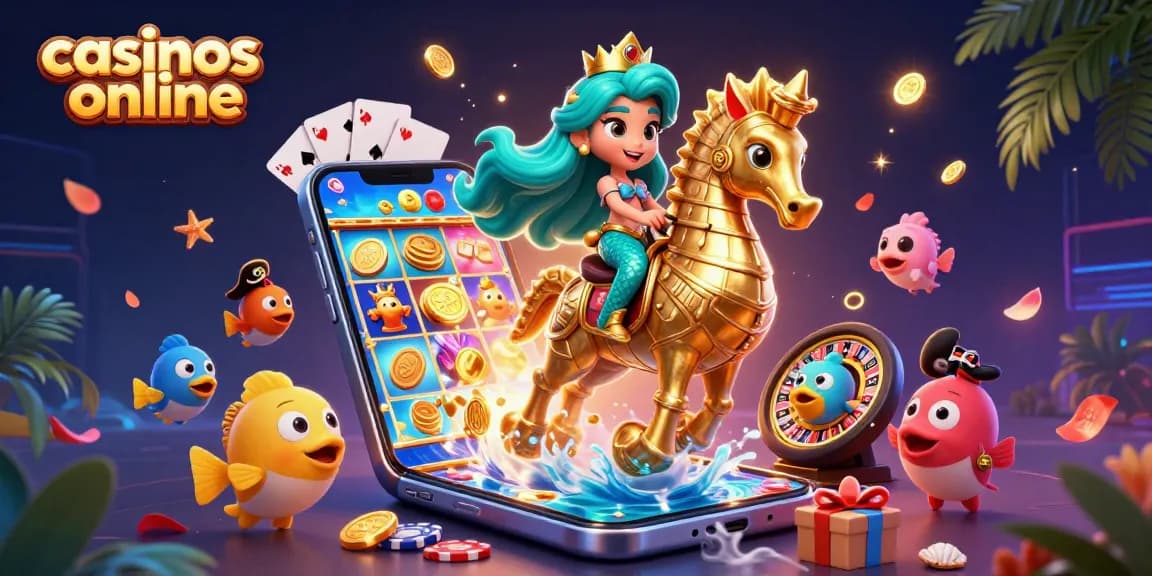 Disfruta de los casinos online explorando una escena mágica con una sirena, un caballito de mar, y elementos de juego.