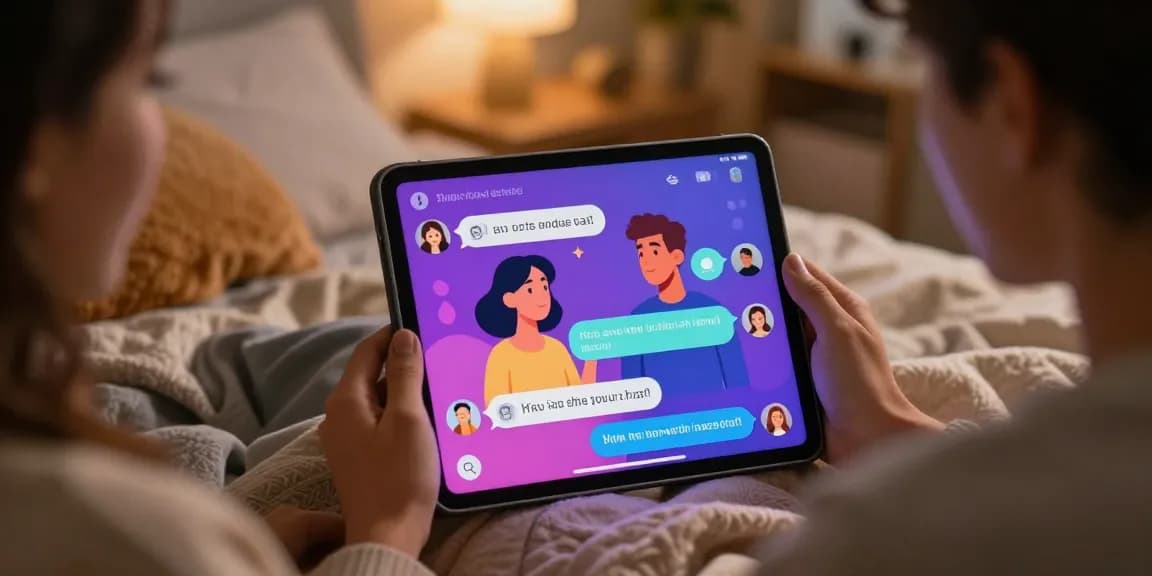 Engaging in an NSFW AI chat with colorful avatars on a tablet, highlighting intimate connection and excitement.