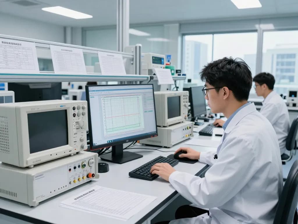 Technician analyzing product compliance data in a modern testing lab