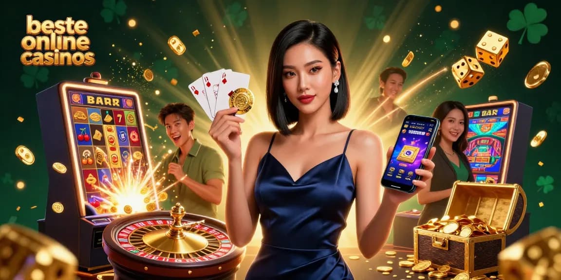 Experience the thrill at beste online casinos with a stunning Asian woman holding a casino smartphone and golden chip.