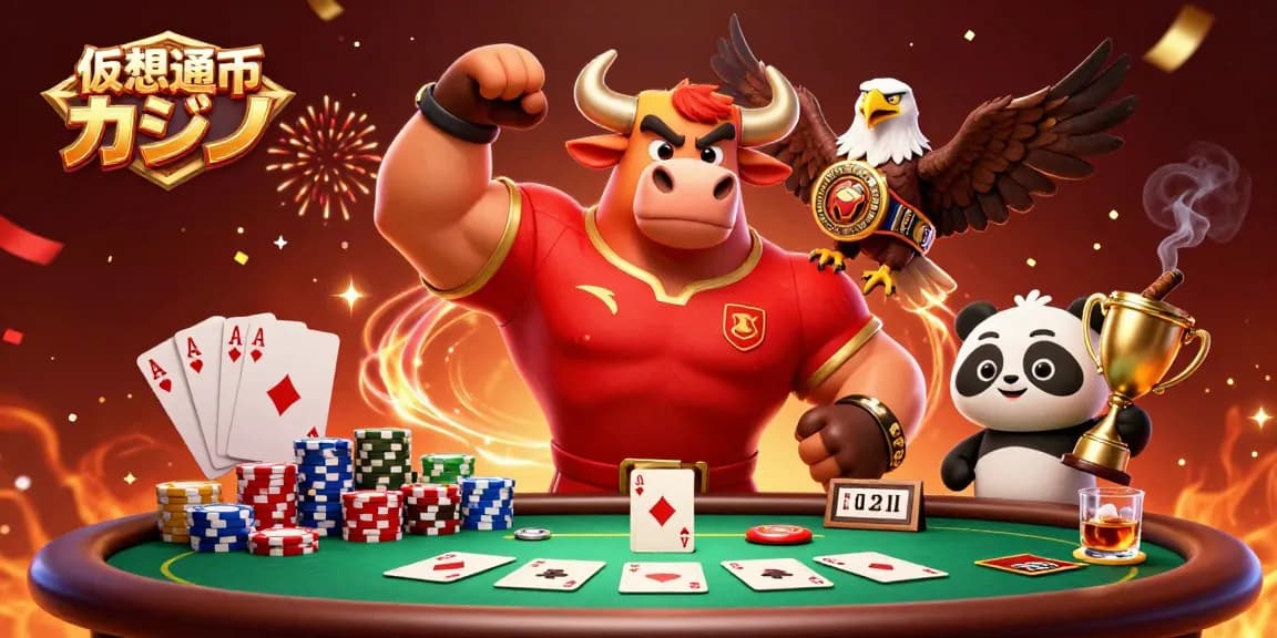 仮想通貨カジノで勝利を祝う牛マスコットとチャンピオン鷲、トロフィーを持つパンダが集うシーン