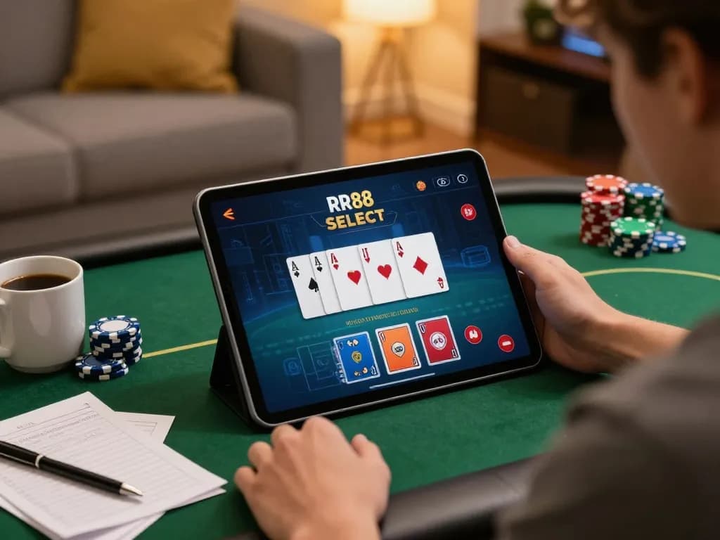 Exciting online gaming moment as a user plays poker on the RR88 SELECT app from a cozy living room.