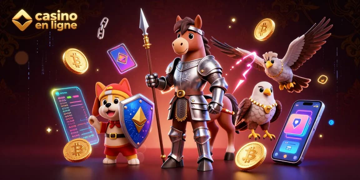 Découvrez le casino en ligne avec un chevalier en armure et des pièces de crypto-monnaie scintillantes.
