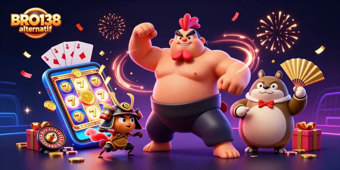 Engaging image showcasing BRO138 alternatif with vibrant 3D casino elements and characters, highlighting exciting slot action.