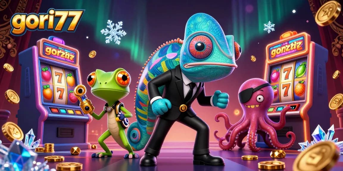 gori77 showcases a thrilling casino scene with animated characters and spinning slot machines.