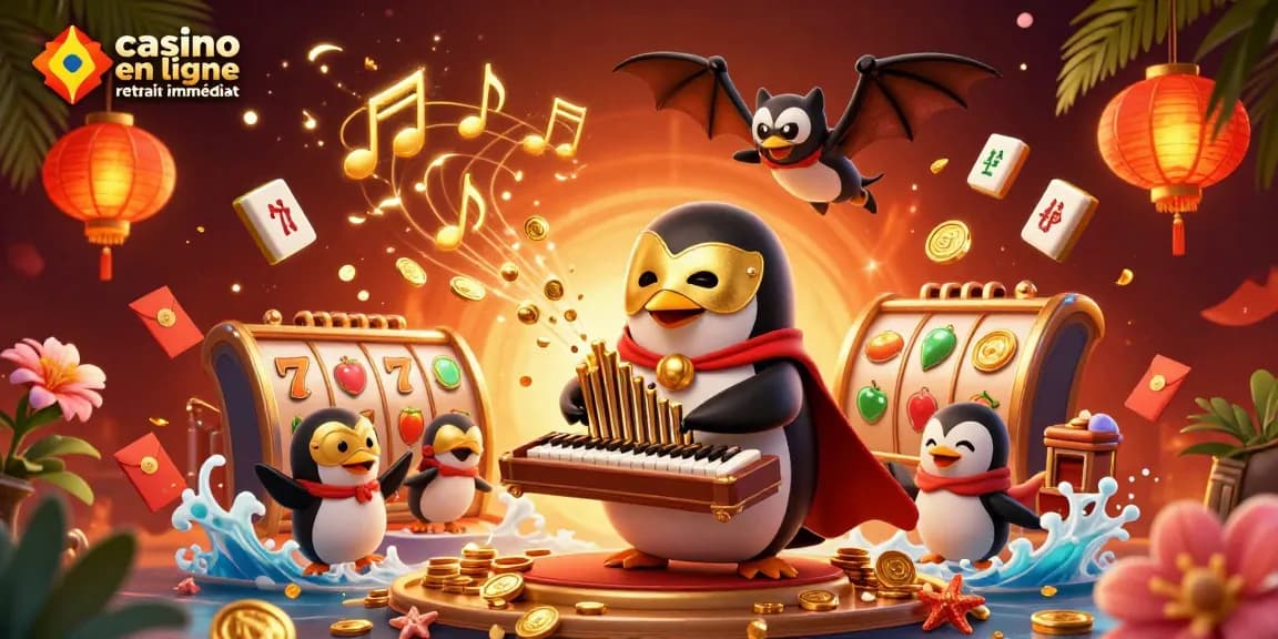 Prenez part à l'excitation du casino en ligne retrait immédiat avec un pingouin fantôme jouant de l'orgue sous des feux d'artifice et des symboles gagnants.