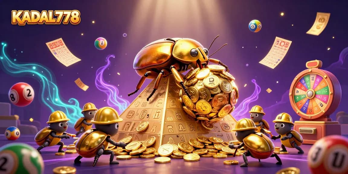 KADAL778 features a vibrant, dynamic 3D illustration showcasing online gaming excitement with golden coins, lottery balls, and promotional elements.