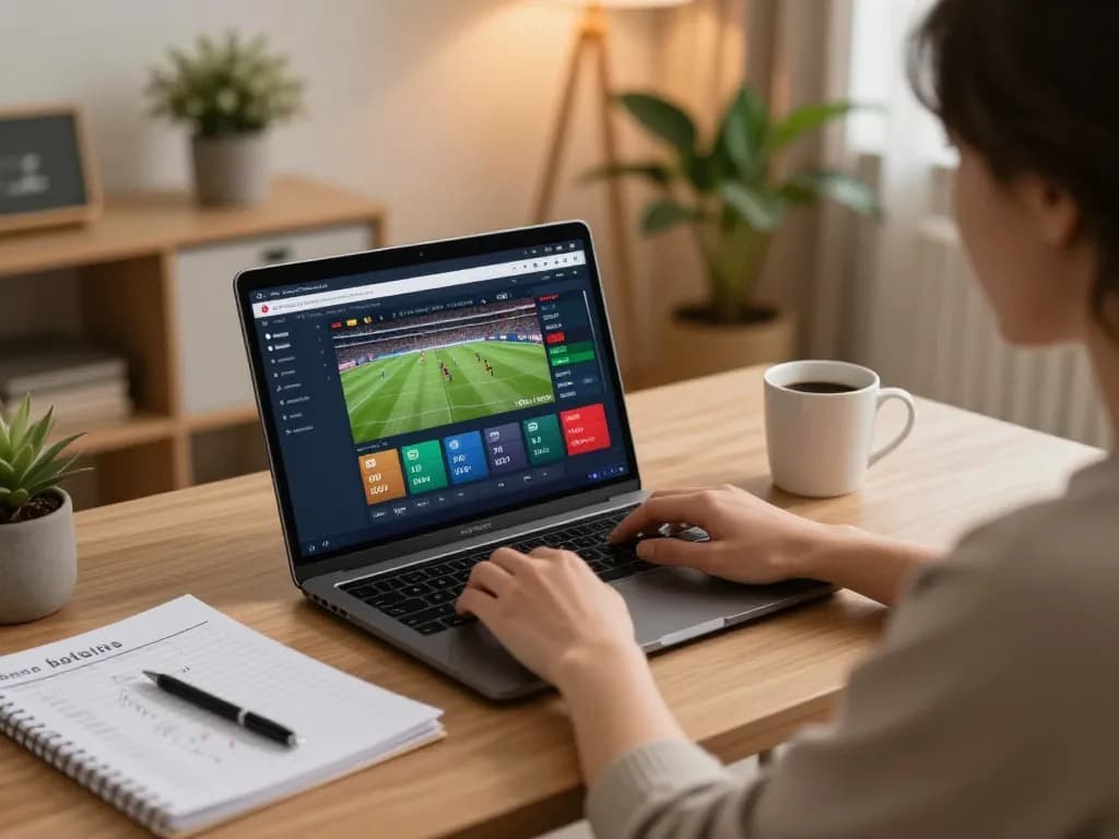 Siti non AAMS: Impegnarsi nelle scommesse sportive online da casa, mostrando un'interfaccia di scommesse sportive su un laptop