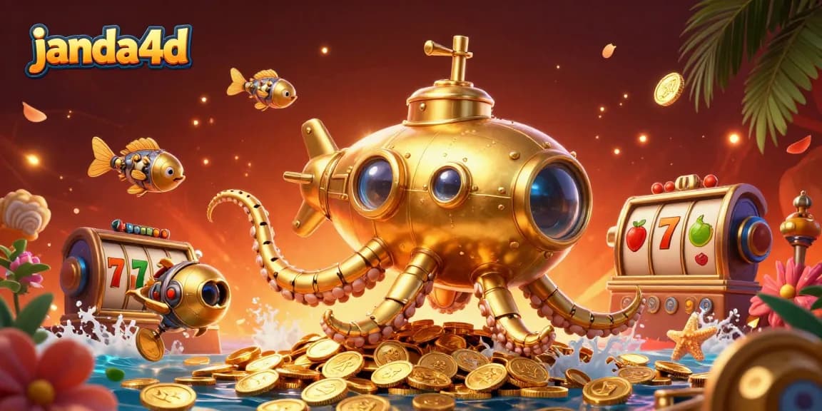 Permainan menarik di janda4d menampilkan kraken emas dan koin berkilau di latar belakang petunjuk slot.