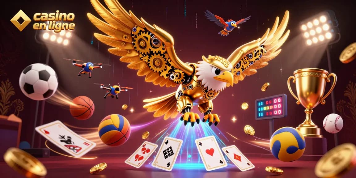 Plongez dans l'univers du casino en ligne avec un aigle doré et des éléments de jeu captivants.