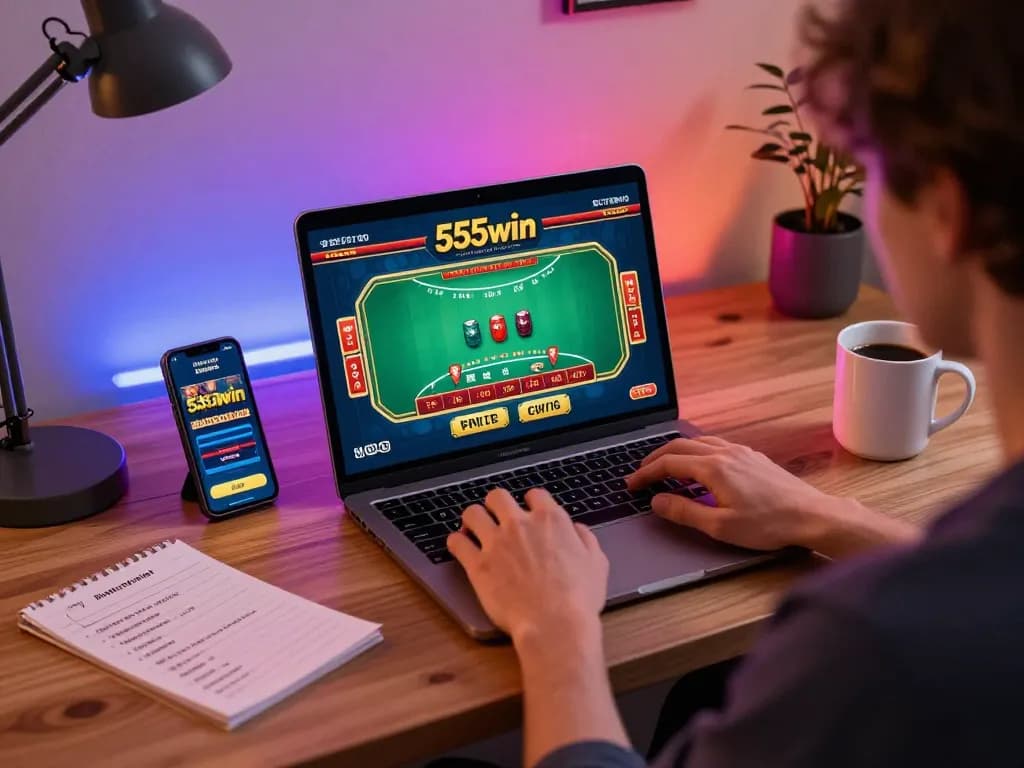 Player engaging with 555win online blackjack game on laptop, with strategic notes nearby.