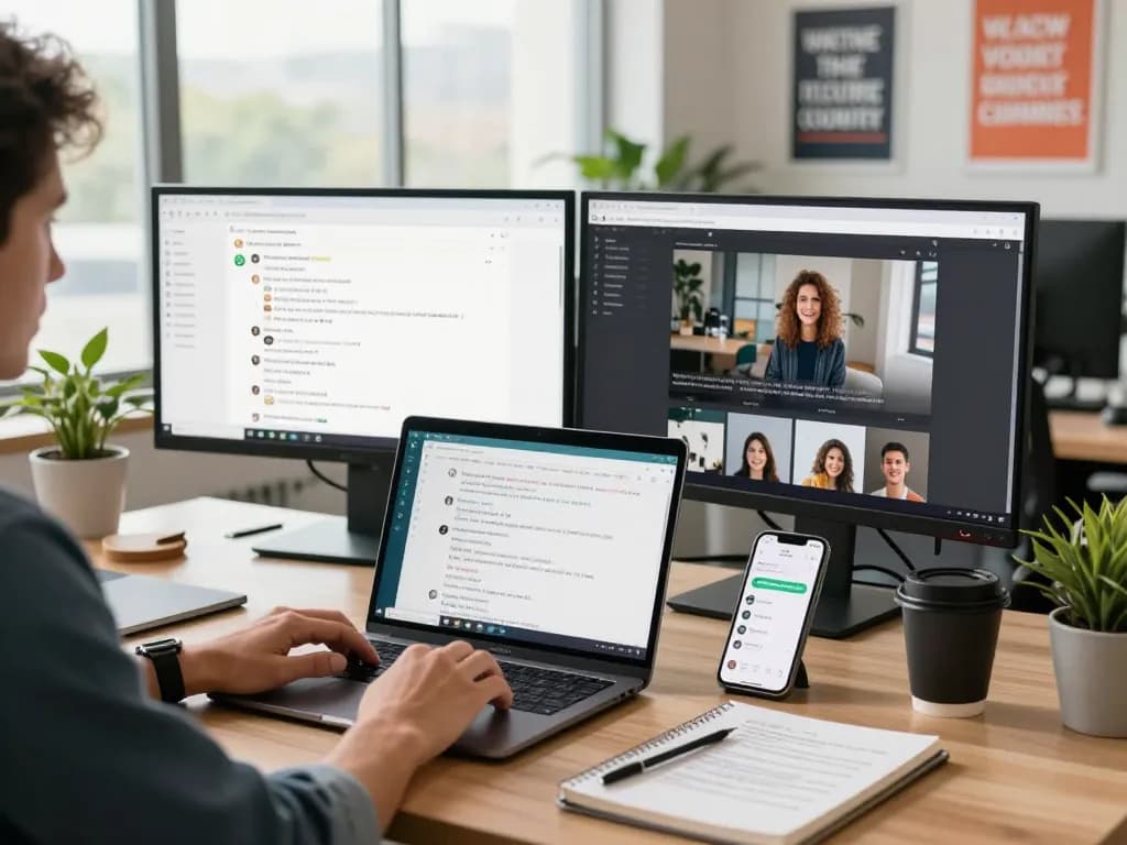 展示现代科技工具和充满活力氛围的WhatsApp网页版使用场景