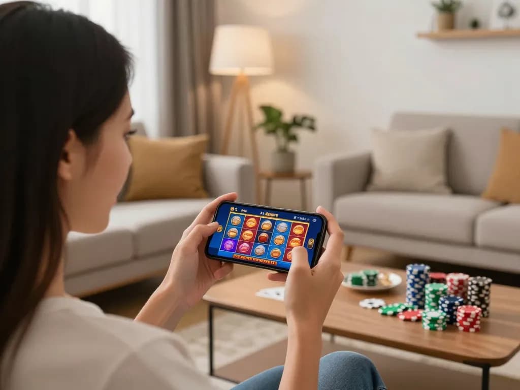 Engaging mobile gaming scene with a player enjoying 58wiin app, showcasing excitement from thrilling slots.