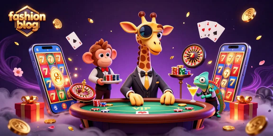 Exciting fashion blog casino scene with a giraffe at poker, mixing vibrant gaming elements.