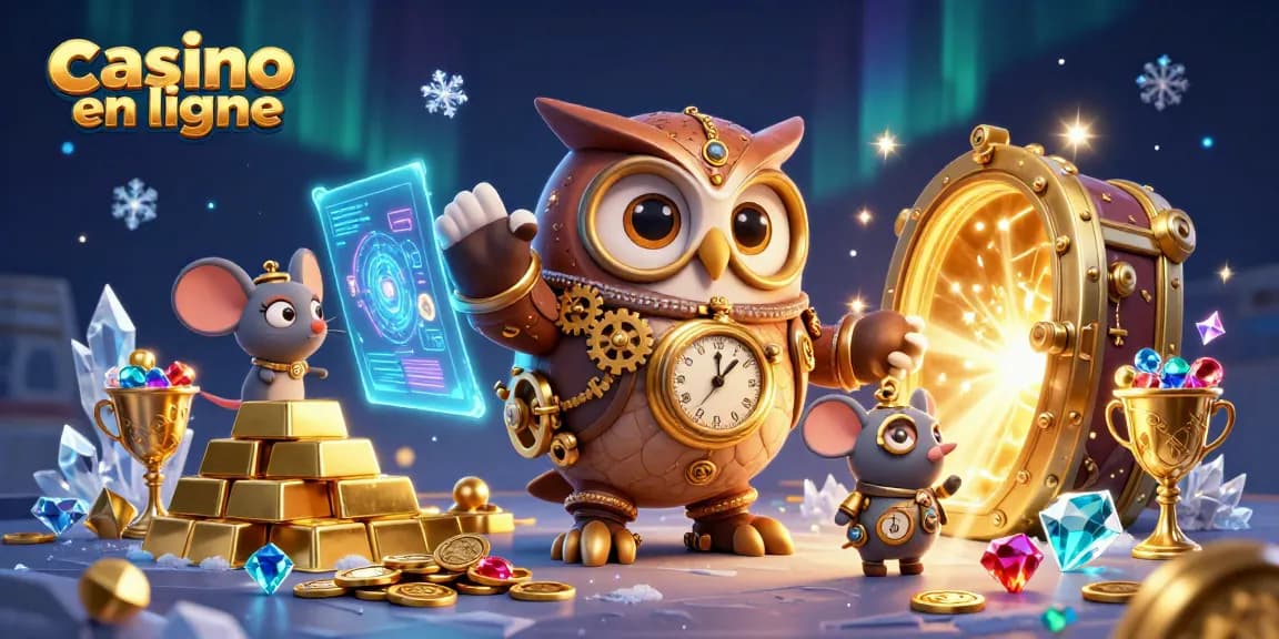 Jouez aux machines à sous dans un casino en ligne immersif avec un hibou steampunk et une scène futuriste.