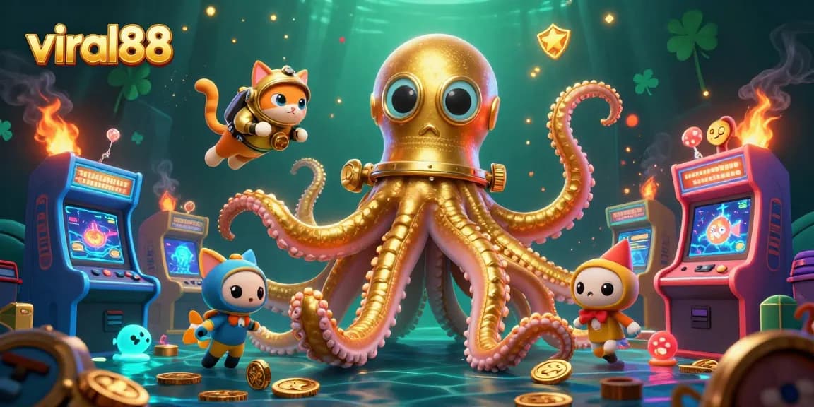 Discover exciting gaming action on viral88 with a kraken and diving cat in a vibrant casino scene.