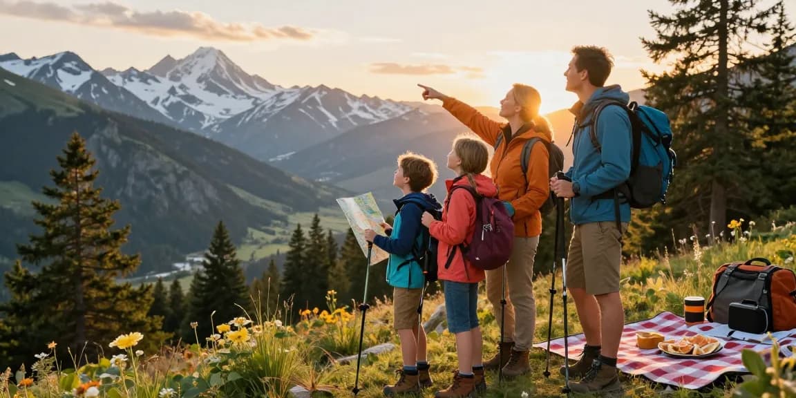 Family adventure scene showcasing a hiking experience with mantra88 in stunning mountain landscape.