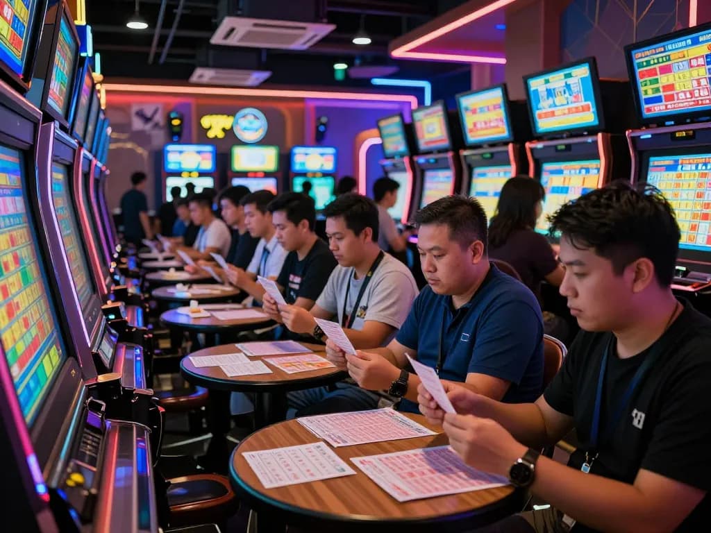 Excited players reviewing tickets while checking Data HK results in a vibrant betting environment.