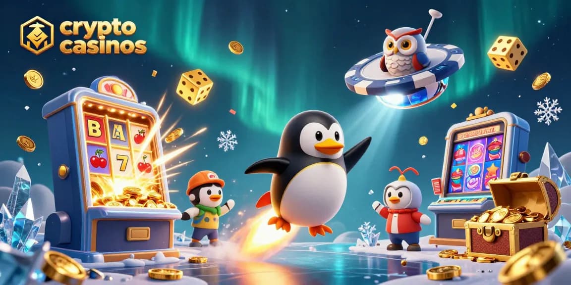 Découvrez les crypto casinos avec le pingouin doré iconique dans une scène vibrante de jeux, jackpots et aventures.