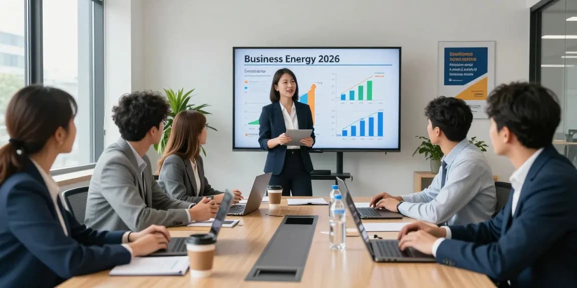 Business energy comparison UK 2026 meeting with professionals discussing energy solutions in a modern office.