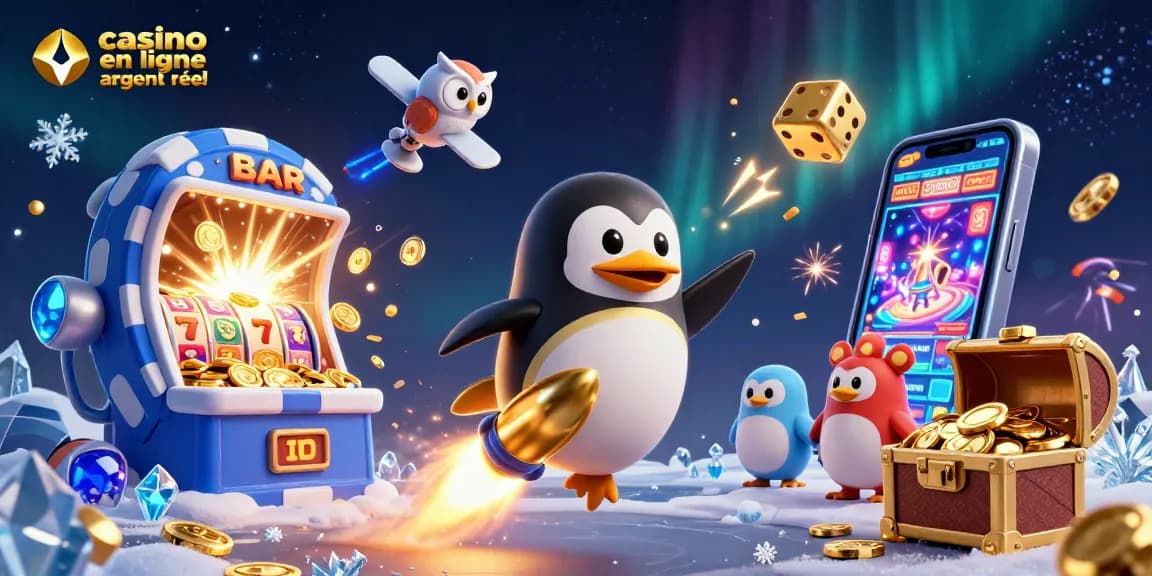 Profitez de jeux au casino en ligne argent réel avec un pingouin doré propulsé par fusée.