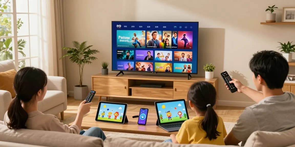Abonnement IPTV à domicile avec famille regardant des émissions en 4K sur plusieurs appareils dans un salon chaleureux.