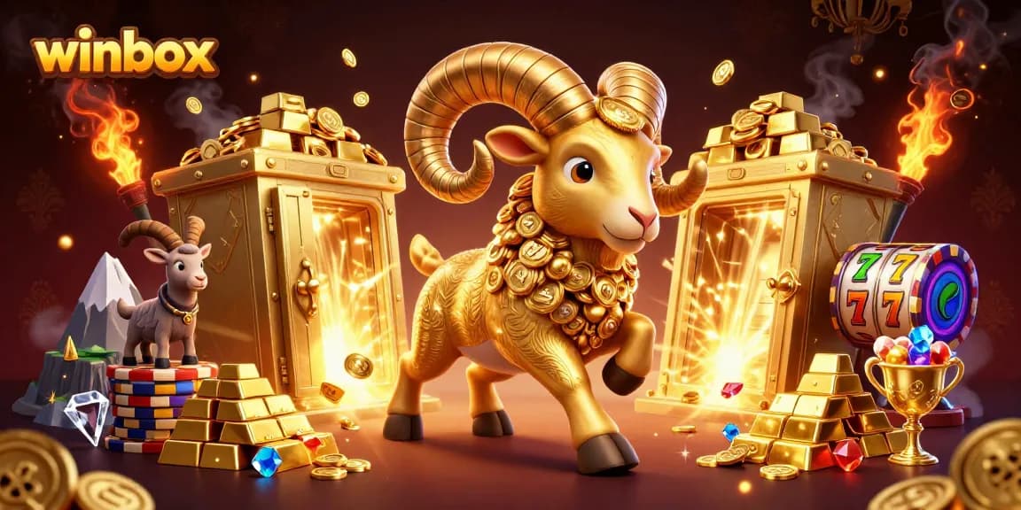 Winbox showcases crystal-clear slot reels amid treasure vaults, inviting gamblers to win.