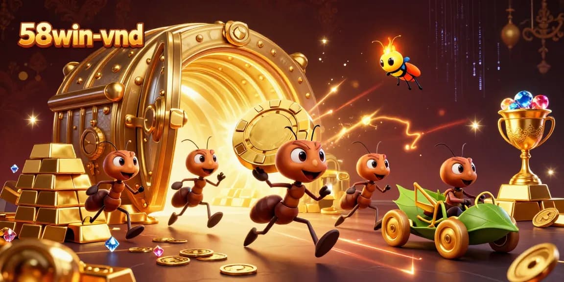 Join the 58win-vnd heist with cartoon ants, poker chips, and a dazzling golden vault scene.