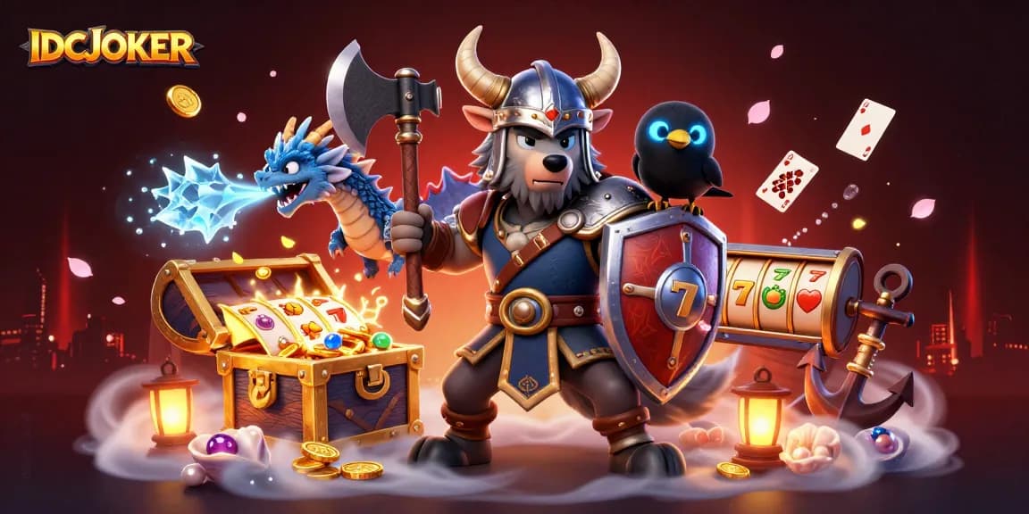 IDCJOKER showcases a 3D Viking warrior, dragon, and raven amid slot reels and treasure.