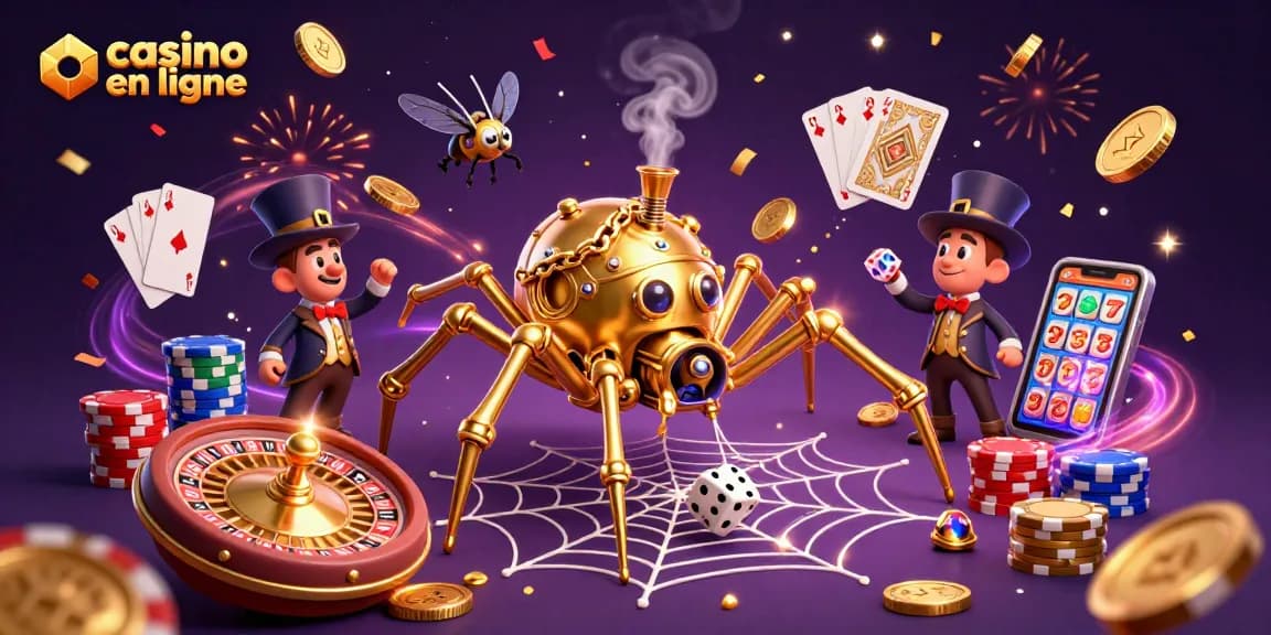 Illustration dynamique de casino en ligne avec une araignée steampunk et des éléments de jeu captivants.