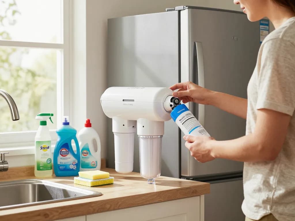Installing Waterdrop Plus WDP-F19C Replacement for GE® RPWFE® water filter in a bright modern kitchen, showcasing effortless home maintenance.