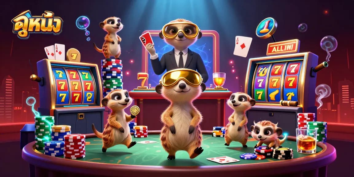 Experience ดูหนัง in a vibrant online casino scene with meerkats running gamblers' games, showcasing dynamic slots and colorful chips.