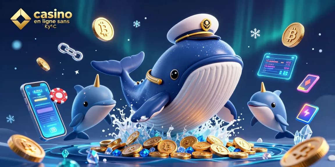 Jouez au casino en ligne sans KYC avec une illustration captivante de baleine, narval et dauphins