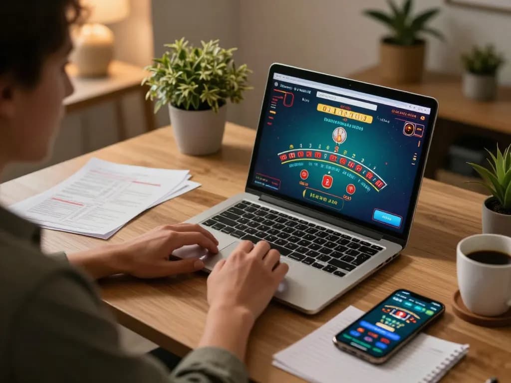 Playing rik vip online blackjack at home with a live dealer on laptop.