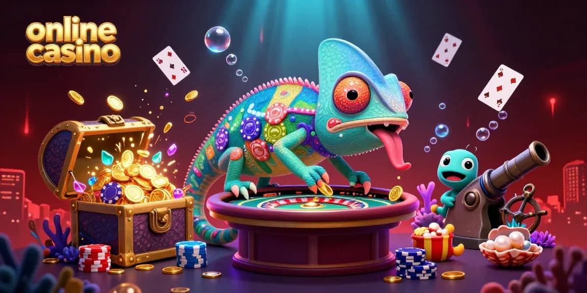 Scopri online casino mentre il camaleonte gioca con fiches colorate e premi scintillanti.