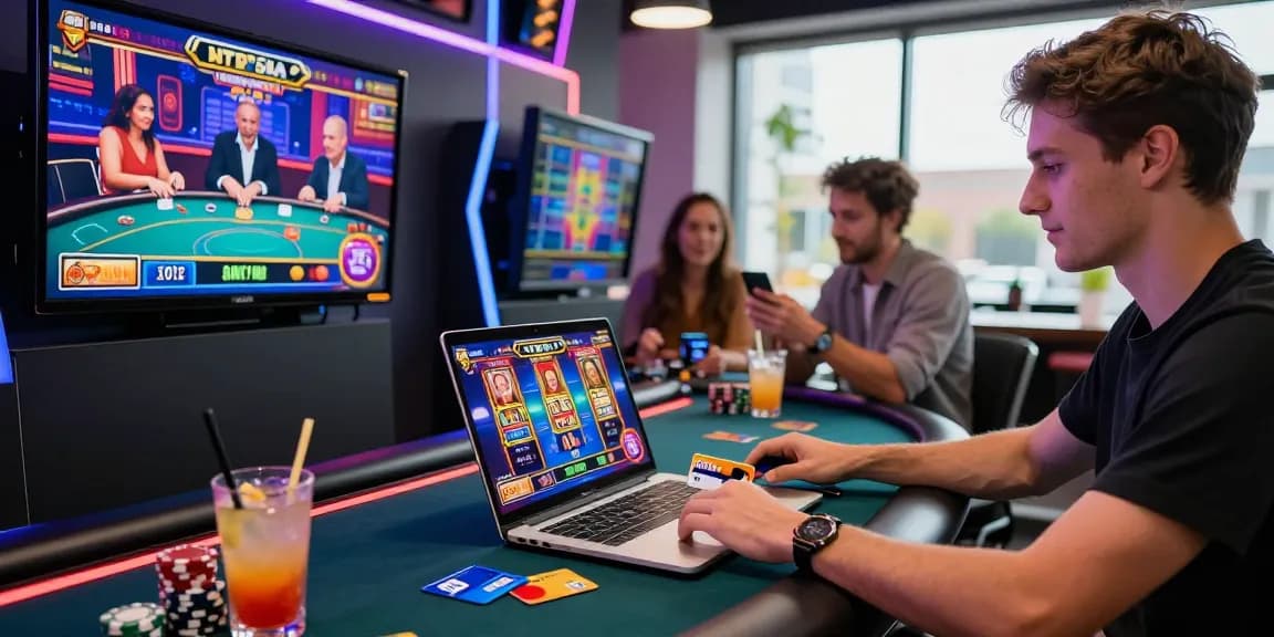 Action-packed scene at a vibrant online credit card casino with multiple gaming setups at https://brcs.co.uk/ showcasing Visa and Mastercard payments.