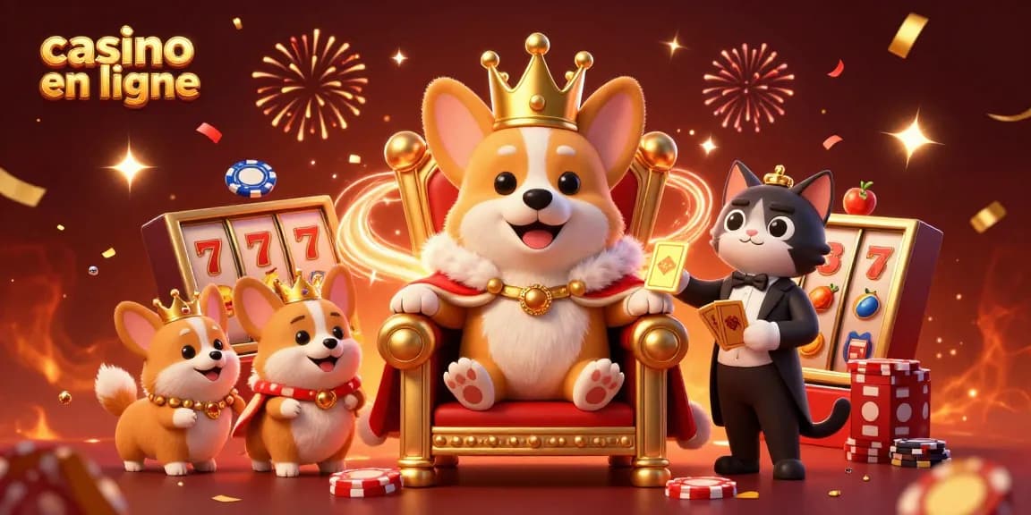 Jouez au casino en ligne avec le corgi royal sur son trône de jetons, entouré de symboles de machines à sous.