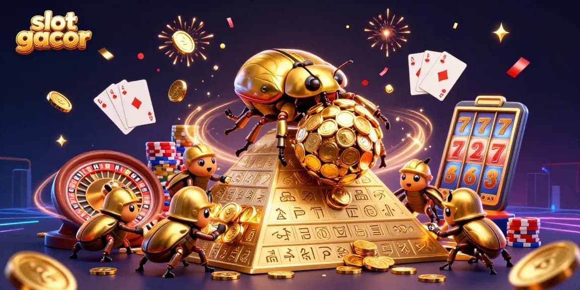 Engage in slot gacor action with golden beetles, coins, and jackpot thrills in this vibrant scene.