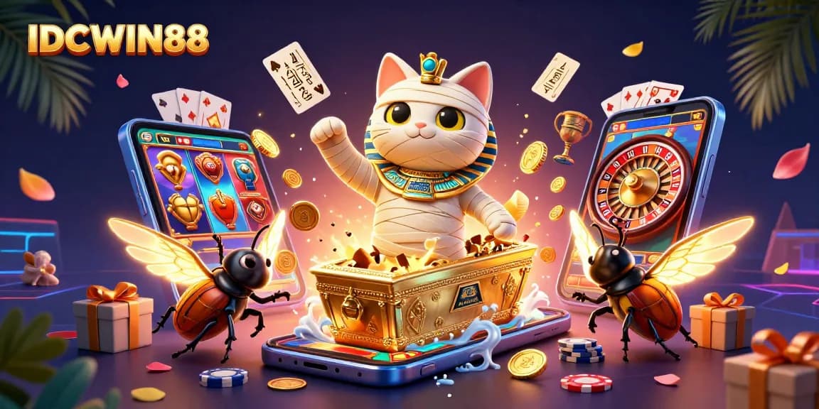 Engage with IDCWIN88's exhilarating casino vibes featuring an Egyptian mummy cat and glowing scarab in action.