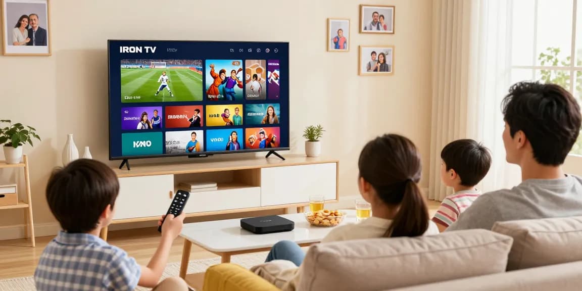 Famille profitant de l'application iron tv sur Smart TV, ambiance chaleureuse et divertissante.