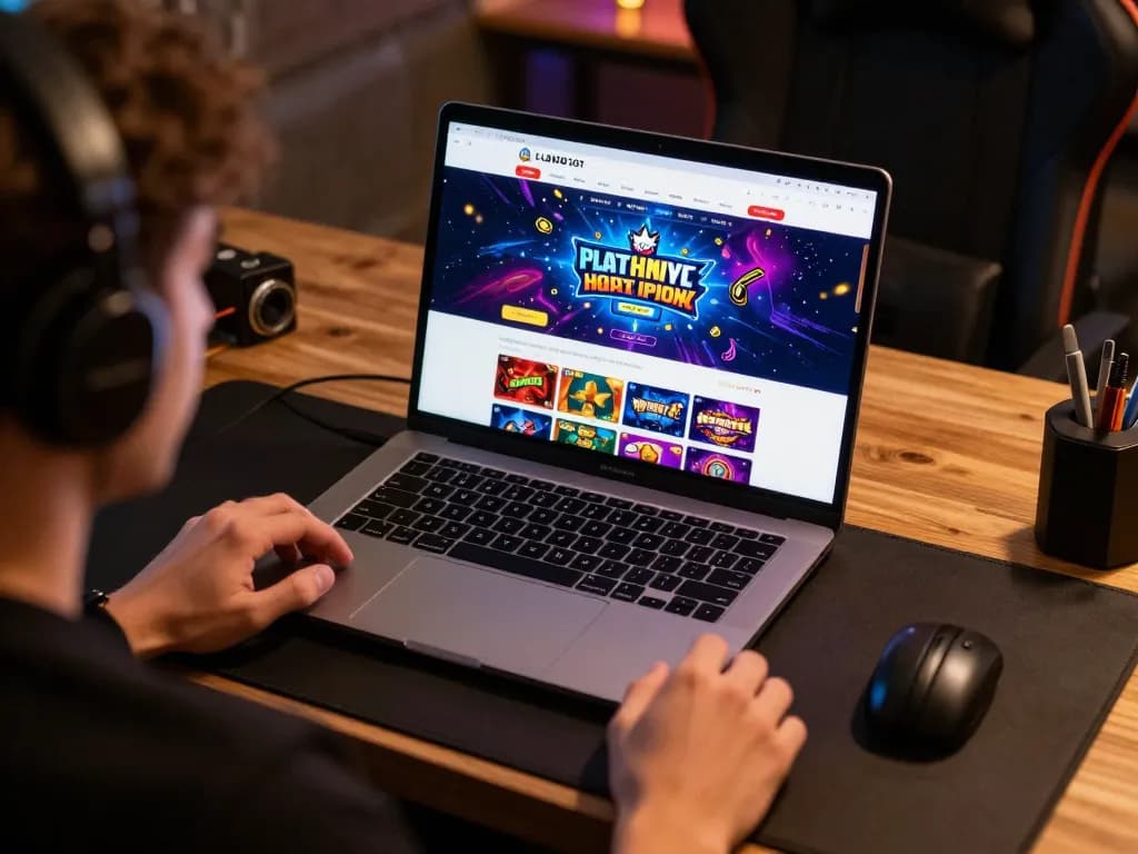Experienced player engaging with a white label casino on a laptop at a stylish workspace, showcasing online gaming.