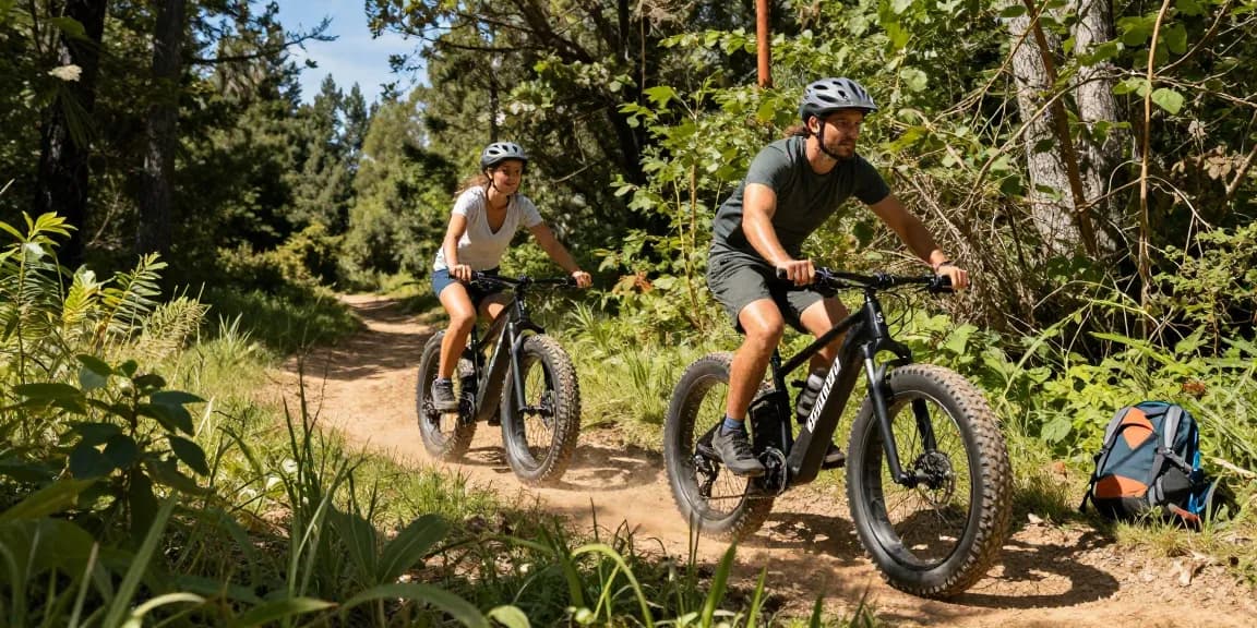 Doppio Fatbike e-bike in action on a scenic forest trail with riders enjoying an adventurous outdoor experience.