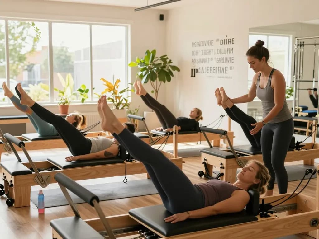 明るいスタジオでゼンプレイスピラティスを実践しているグループ、ダイナミックな動きと支援的な環境を示しています。