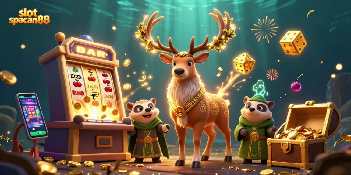 Experience the thrill of slot spaceman88 with a Celtic druid stag and badger in a vibrant casino scene.
