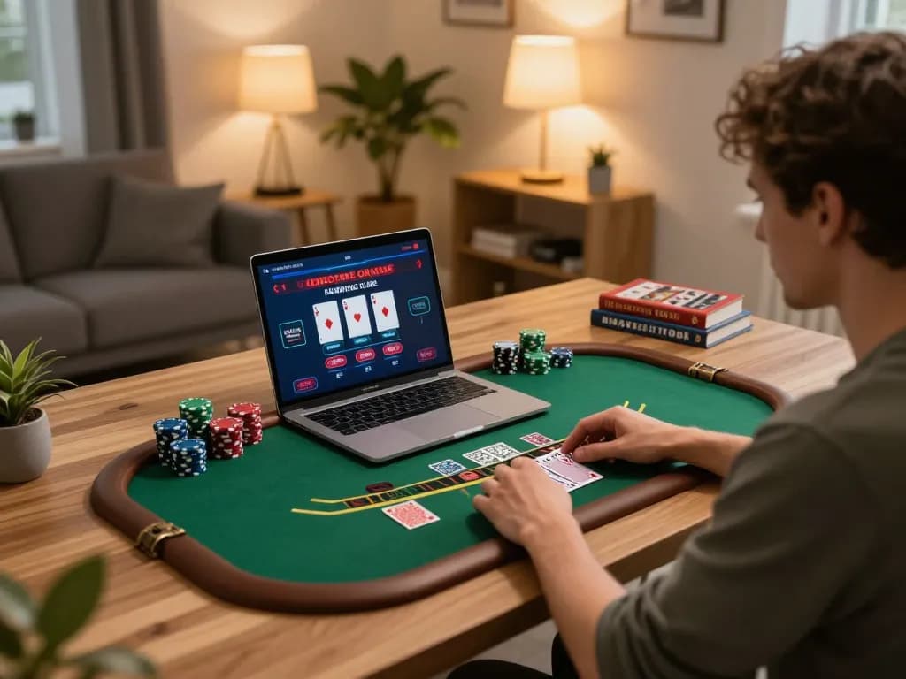 Playing blackjack online at 23win with a laptop in a cozy home office setting
