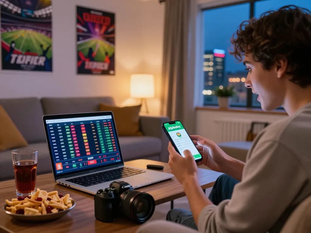 Engaged user interacting with the Myfairplay app in a cozy living room, showcasing a vibrant online gambling experience.