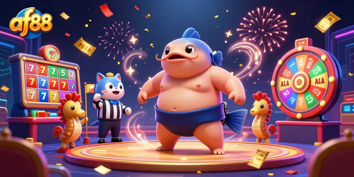 Engage with af88 in a vibrant and dynamic underwater casino scene featuring a blowfish and friends.