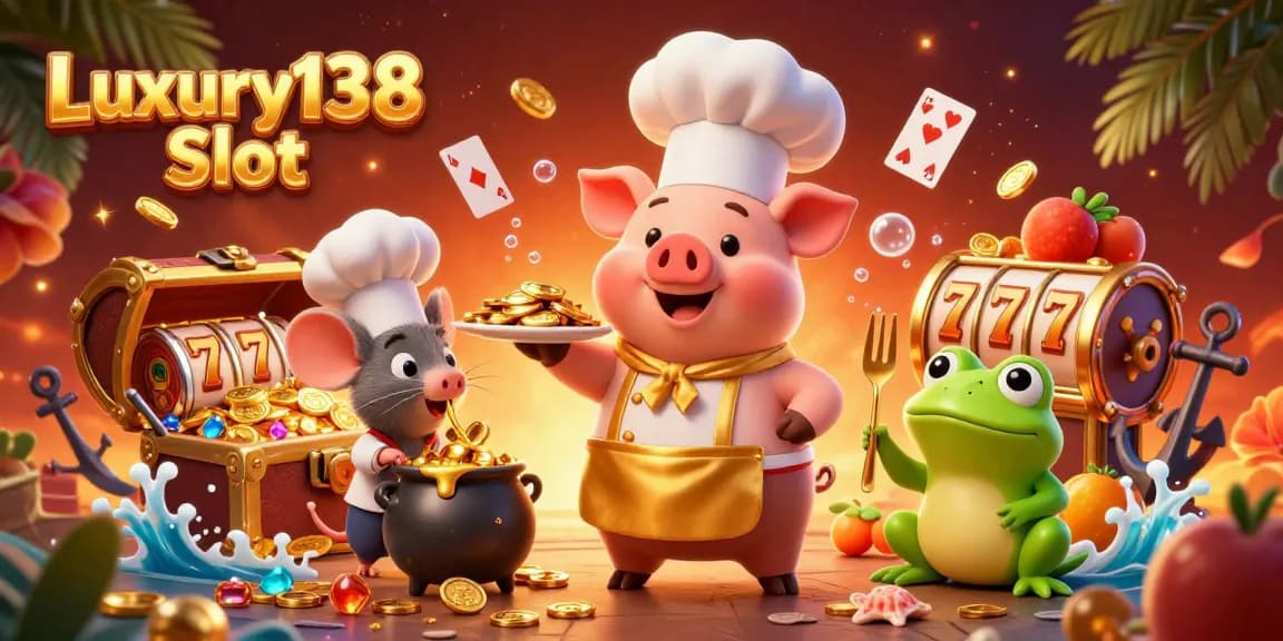 Engage with the Luxury138 Slot featuring a chef pig serving gold coins amid vibrant casino elements.