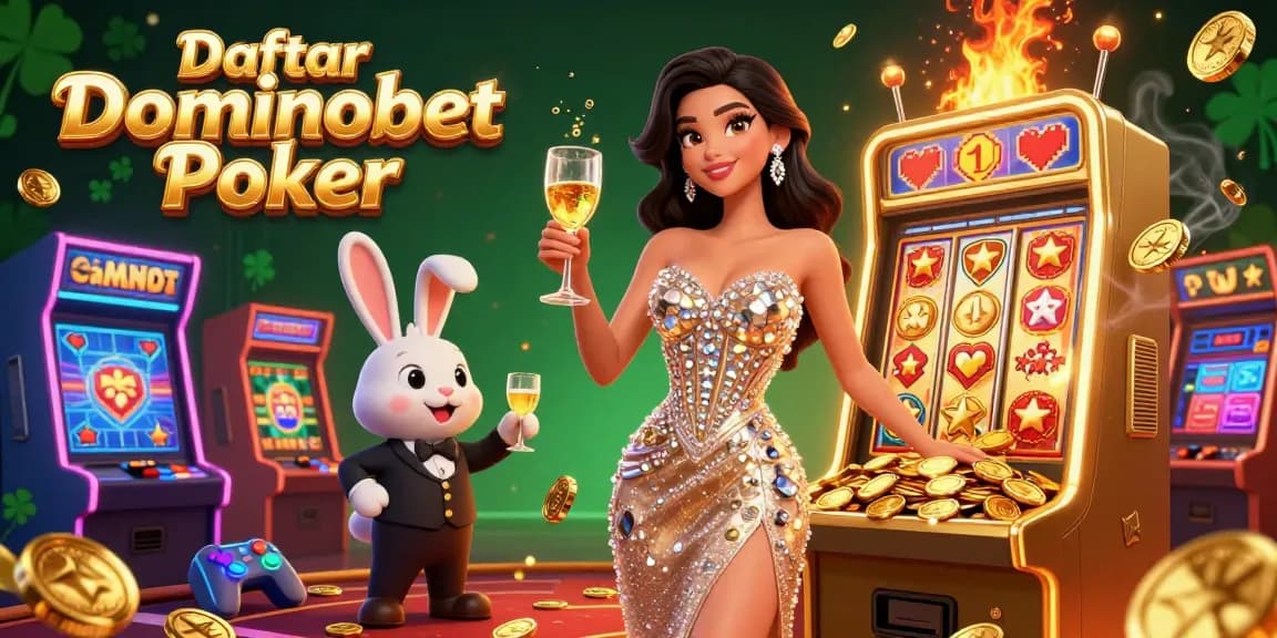 Engage with Daftar Dominobet Poker in a lavish casino scene featuring a golden jackpot and characters celebrating.